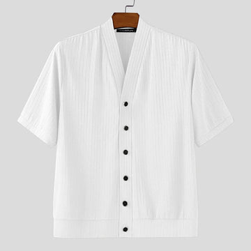 AIDASE  -  Men Shirt Solid Color Knitted V Neck Short Sleeve Korean Style Tops Summer Shirts Streetwear 2025 Casual Men Clothing aidase-shop